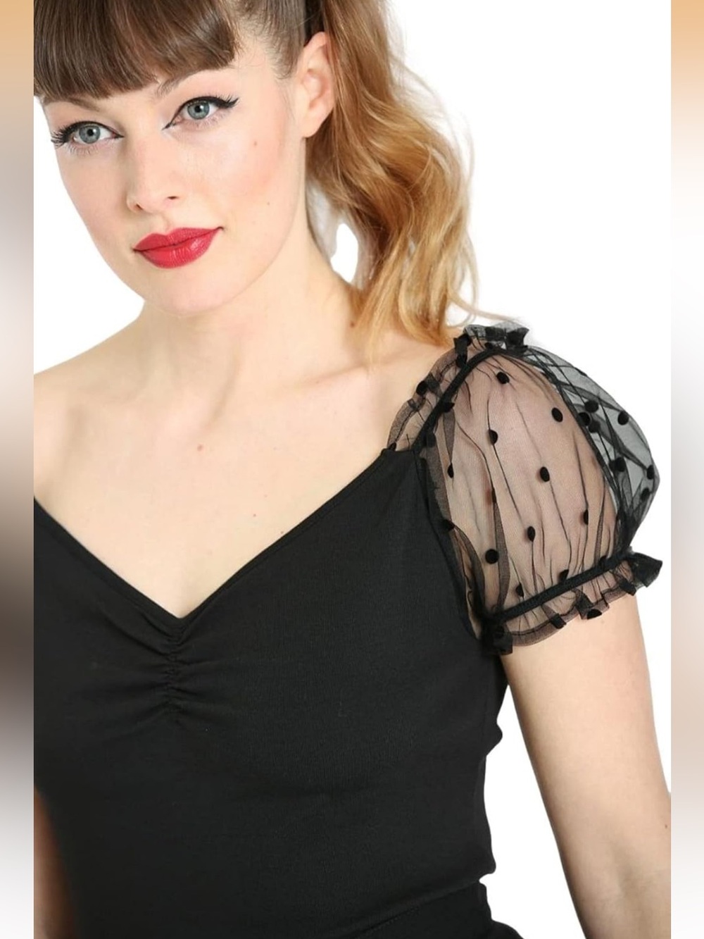 Hell Bunny Amandine Polka Dot Sheer Sleeve V Neck Top